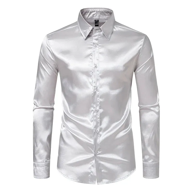 Orange Mens Silk Satin Shirt 70s Disco Dance Nightclub Dress Shirts Men Party Wedding Long Sleeve Casual Shirt
