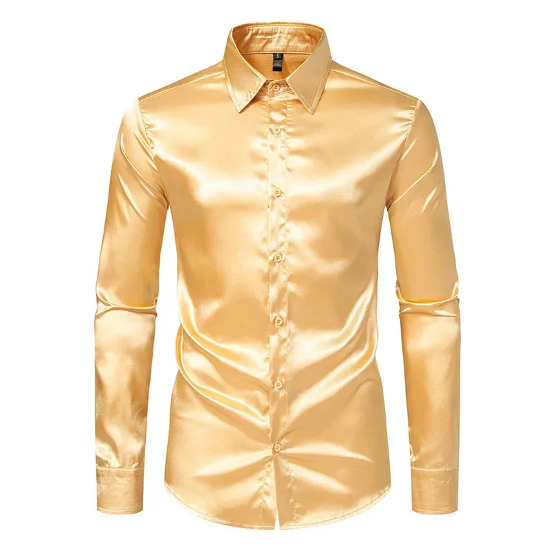 Orange Mens Silk Satin Shirt 70s Disco Dance Nightclub Dress Shirts Men Party Wedding Long Sleeve Casual Shirt