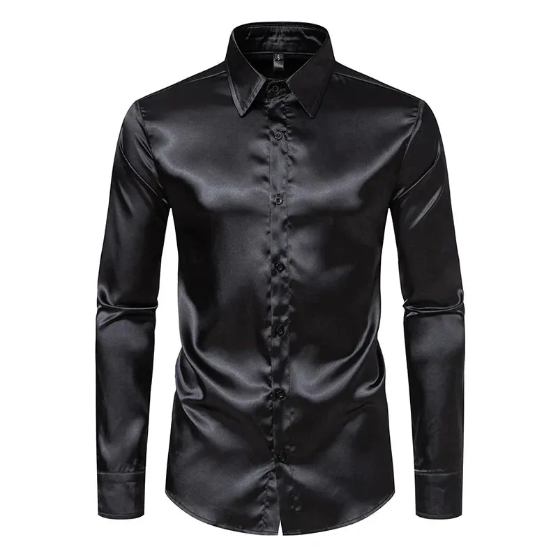 Orange Mens Silk Satin Shirt 70s Disco Dance Nightclub Dress Shirts Men Party Wedding Long Sleeve Casual Shirt