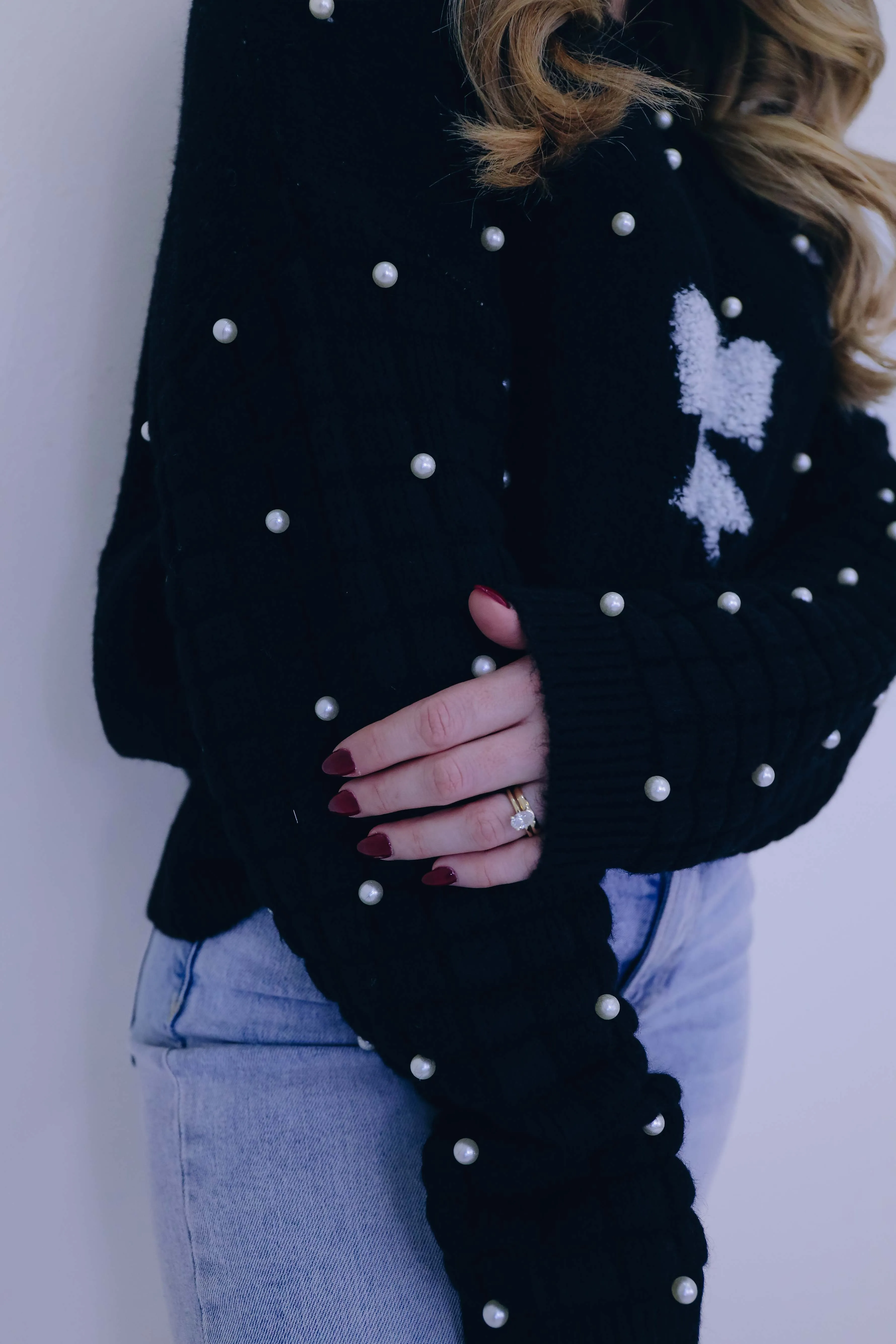 ***Pearl-Fect Accents Bow Knit Sweater- 3 Colors SAMPLE