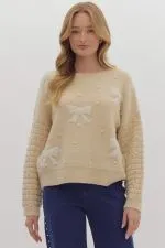 ***Pearl-Fect Accents Bow Knit Sweater- 3 Colors SAMPLE