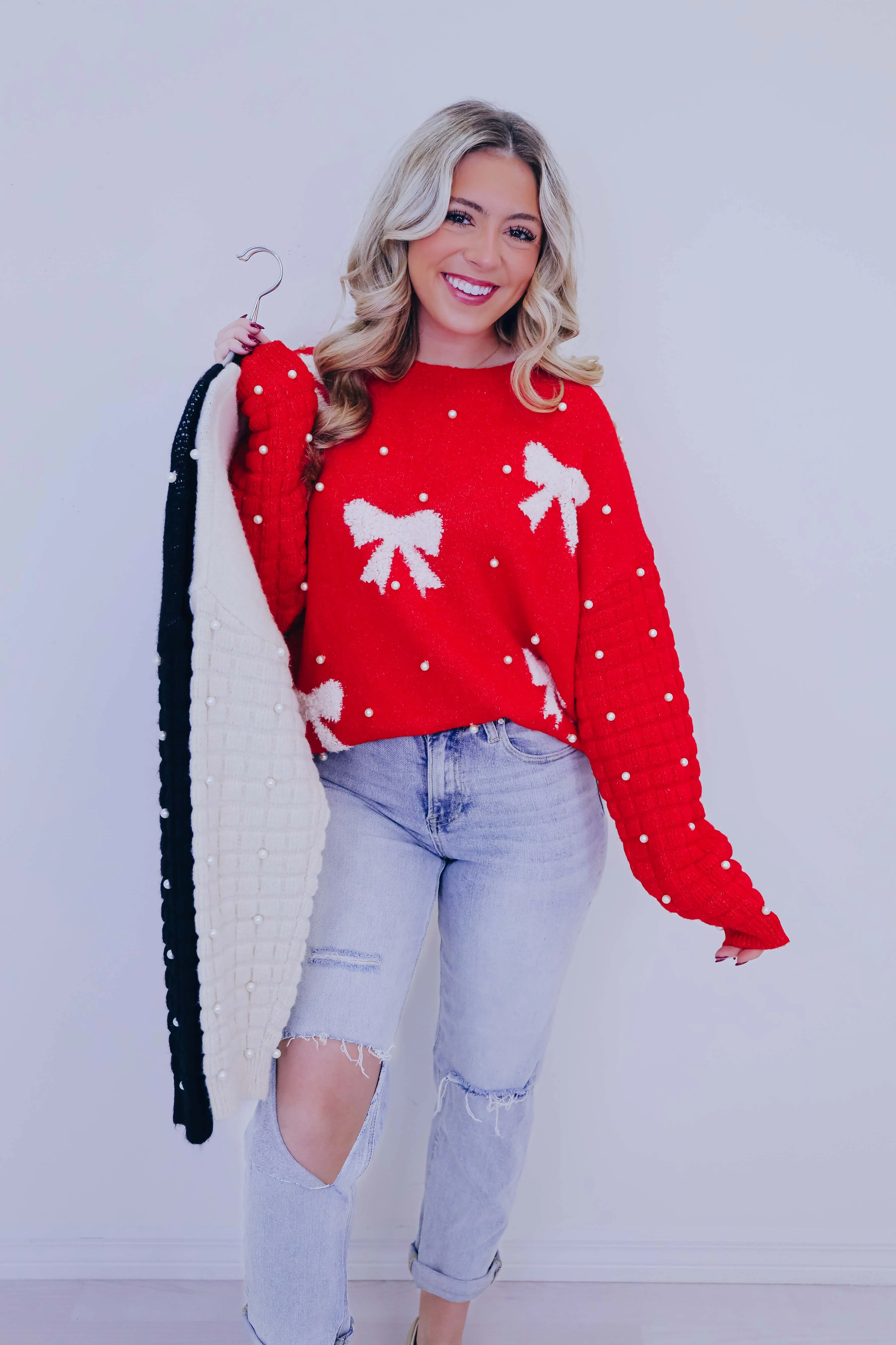 Pearl-Fect Accents Bow Knit Sweater- 3 Colors