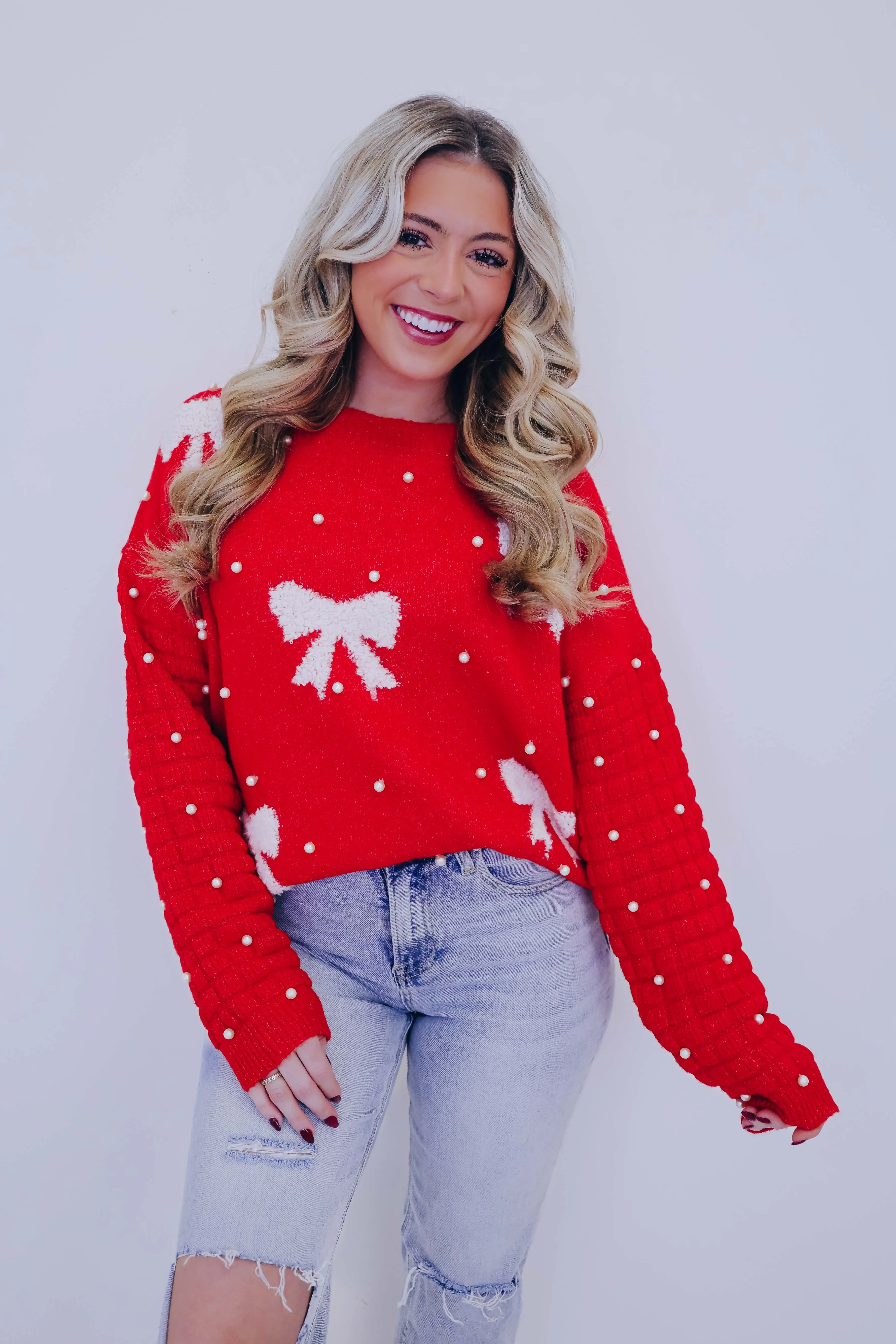 Pearl-Fect Accents Bow Knit Sweater- 3 Colors