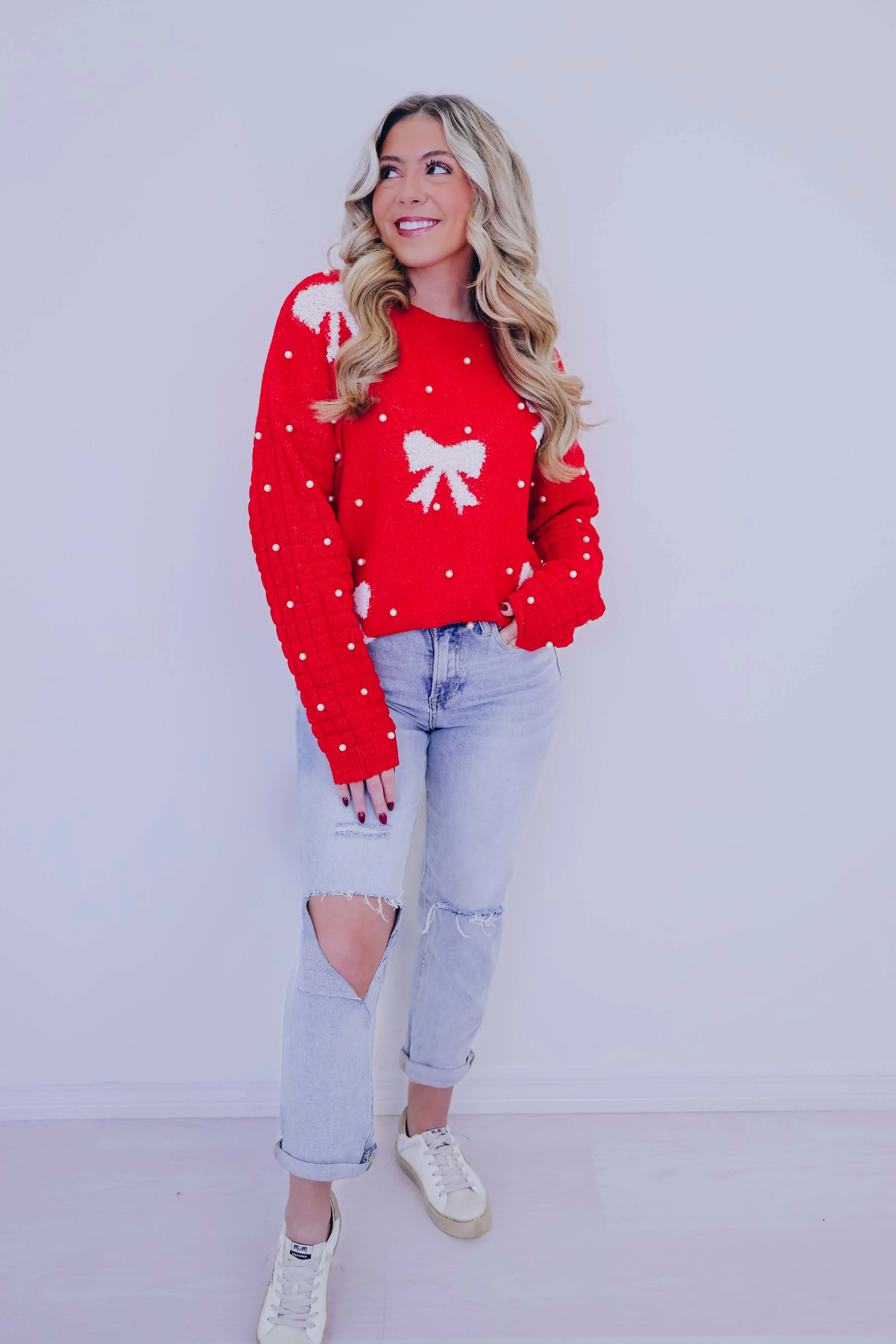 Pearl-Fect Accents Bow Knit Sweater- 3 Colors