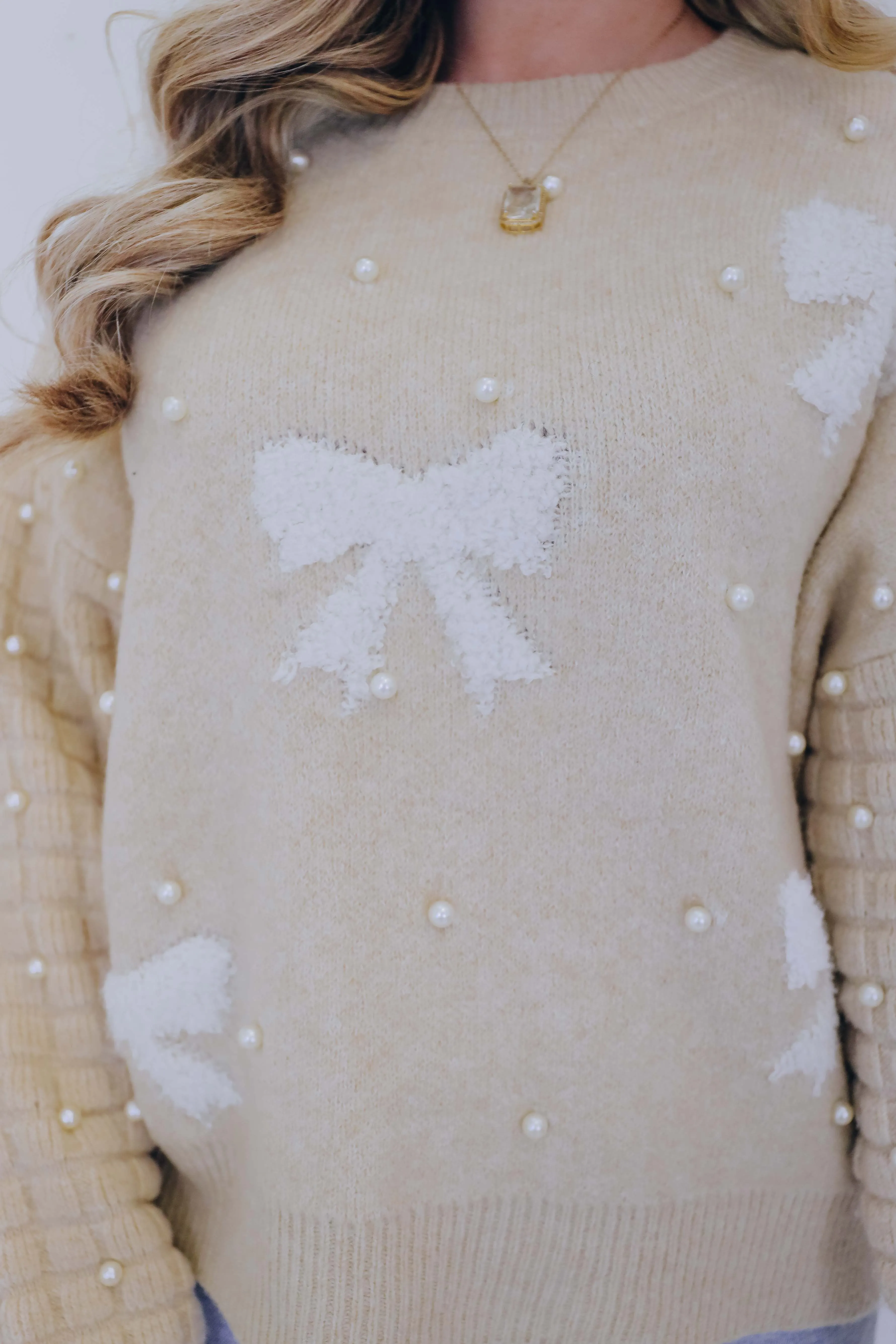 Pearl-Fect Accents Bow Knit Sweater- 3 Colors