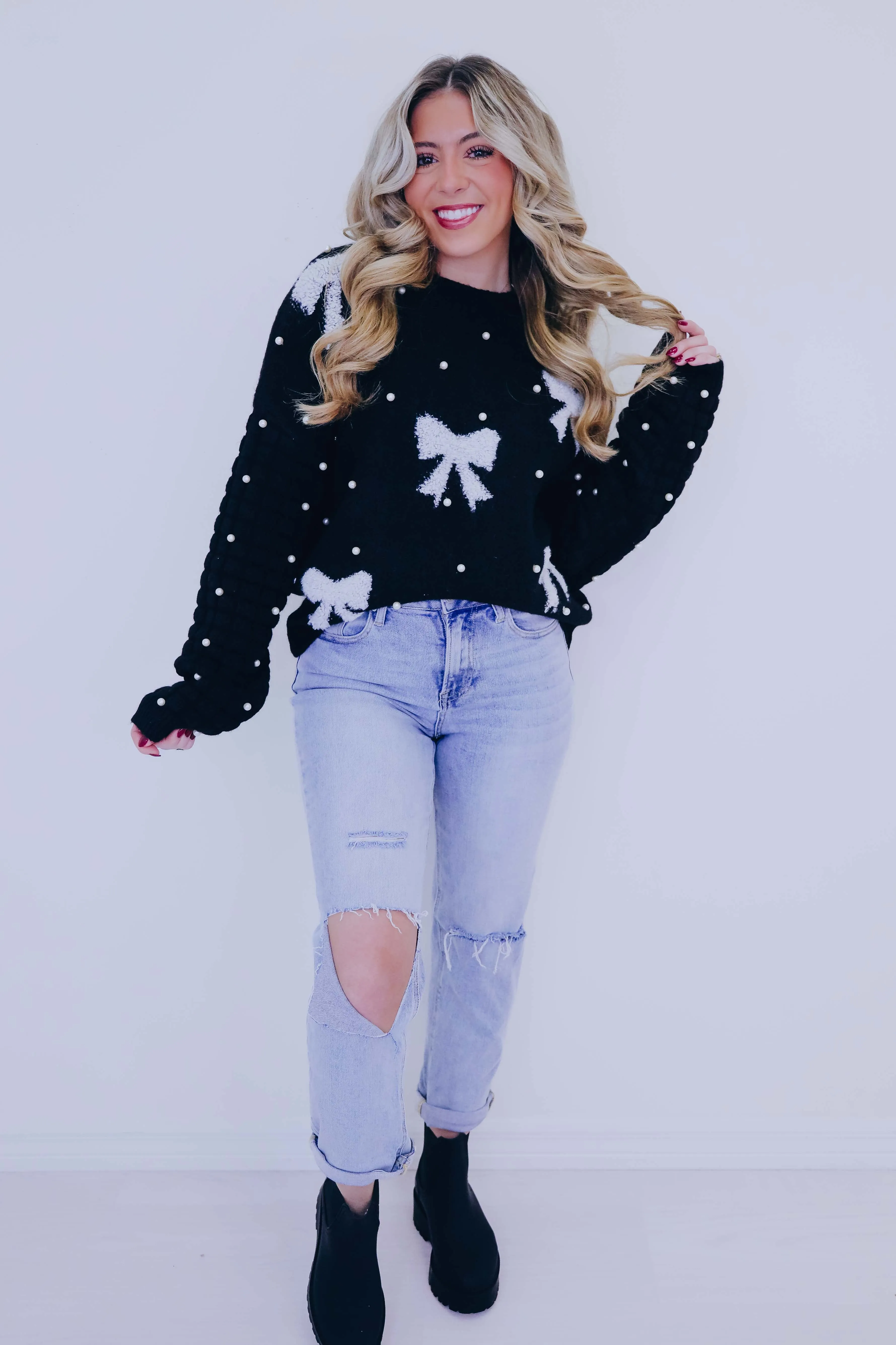 Pearl-Fect Accents Bow Knit Sweater- 3 Colors