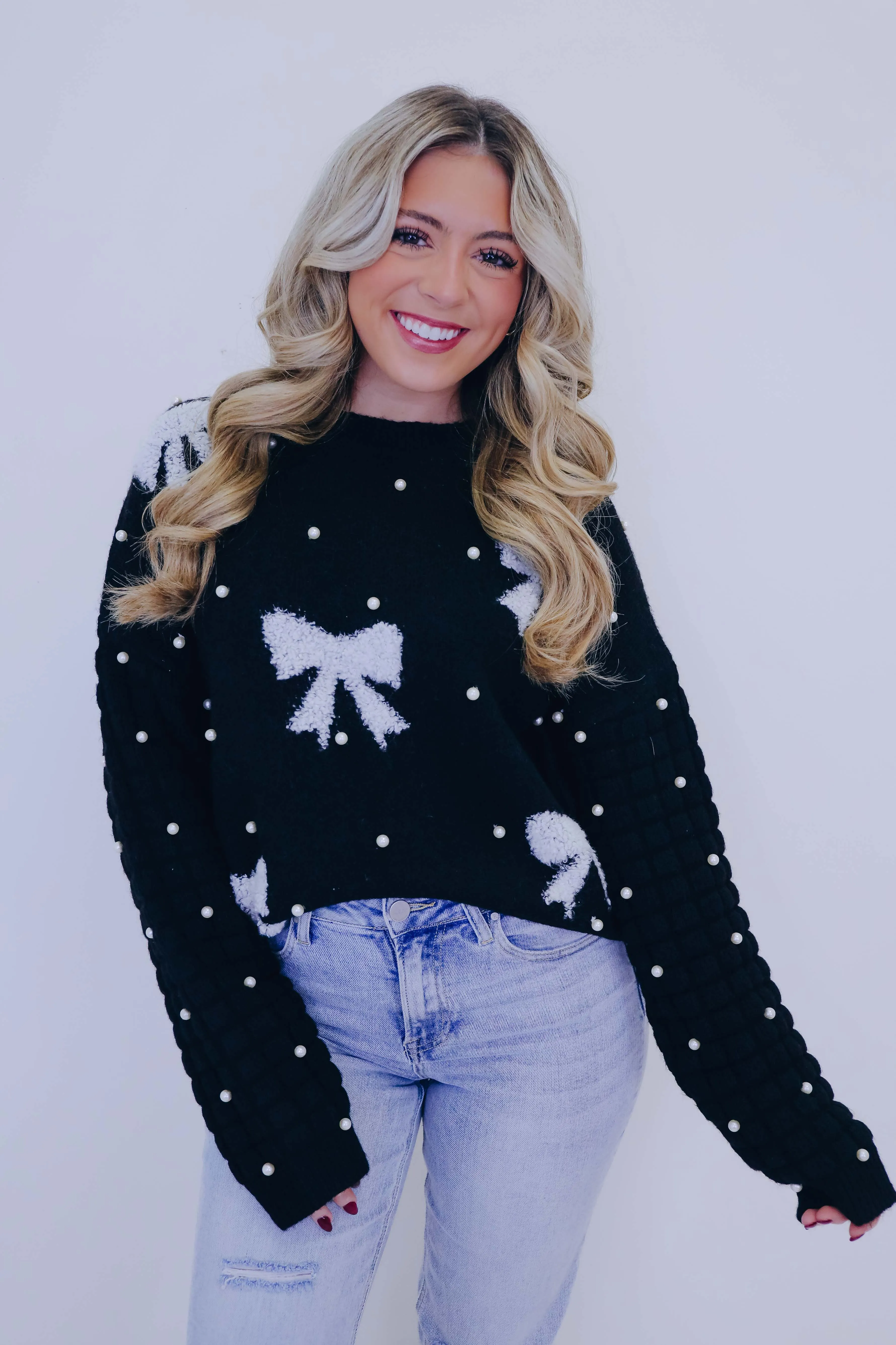 Pearl-Fect Accents Bow Knit Sweater- 3 Colors