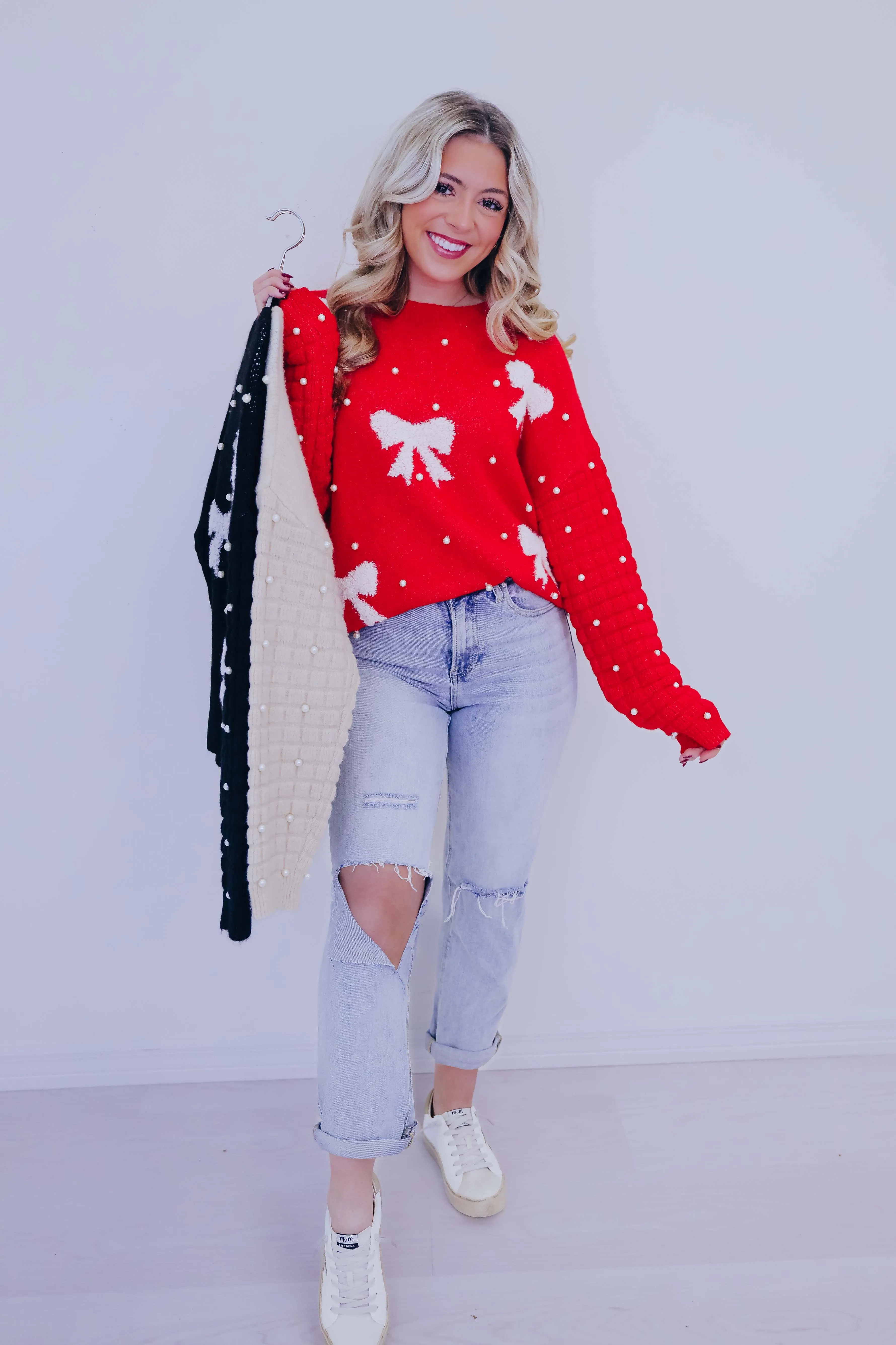 Pearl-Fect Accents Bow Knit Sweater- 3 Colors