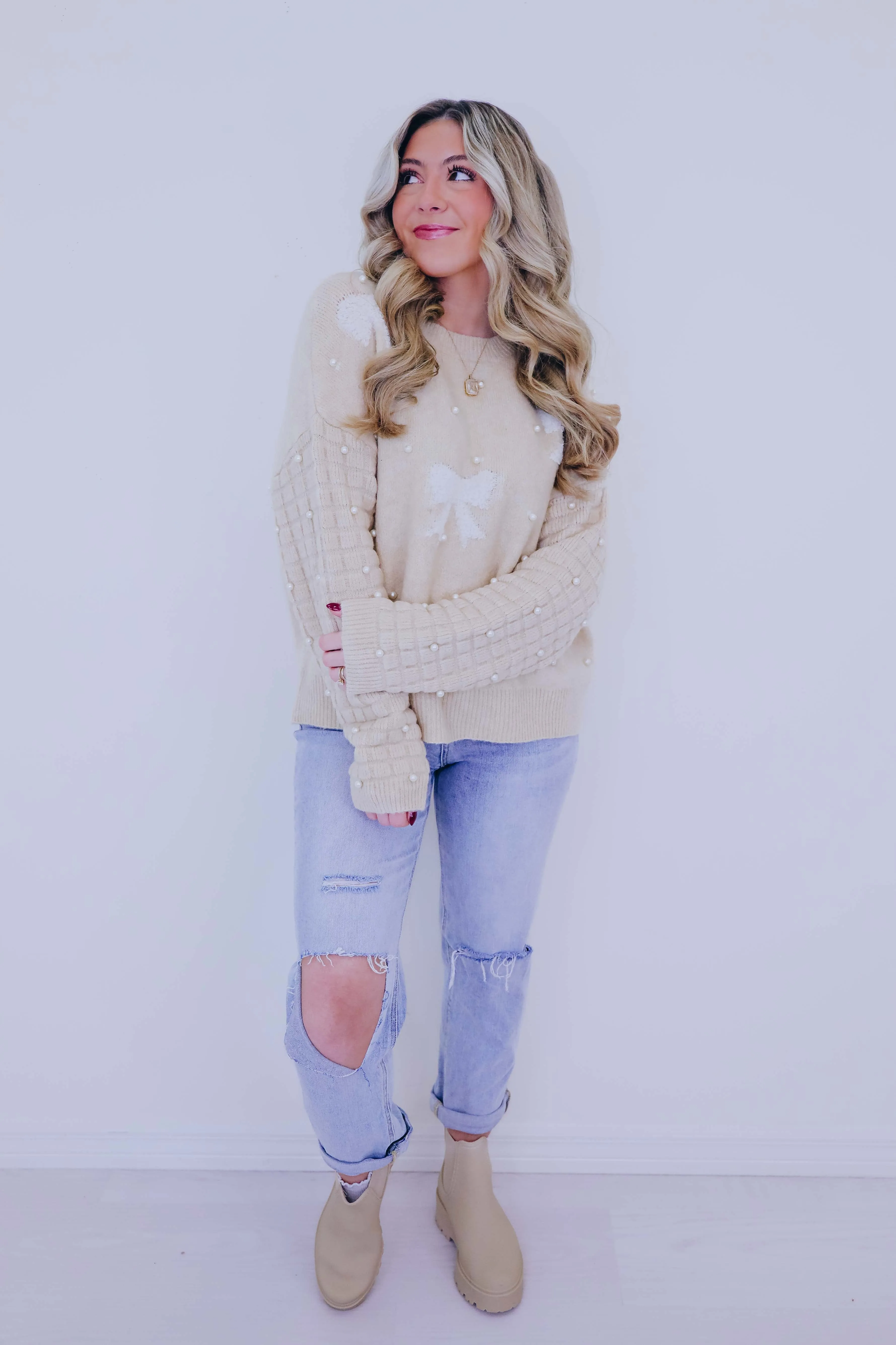 Pearl-Fect Accents Bow Knit Sweater- 3 Colors