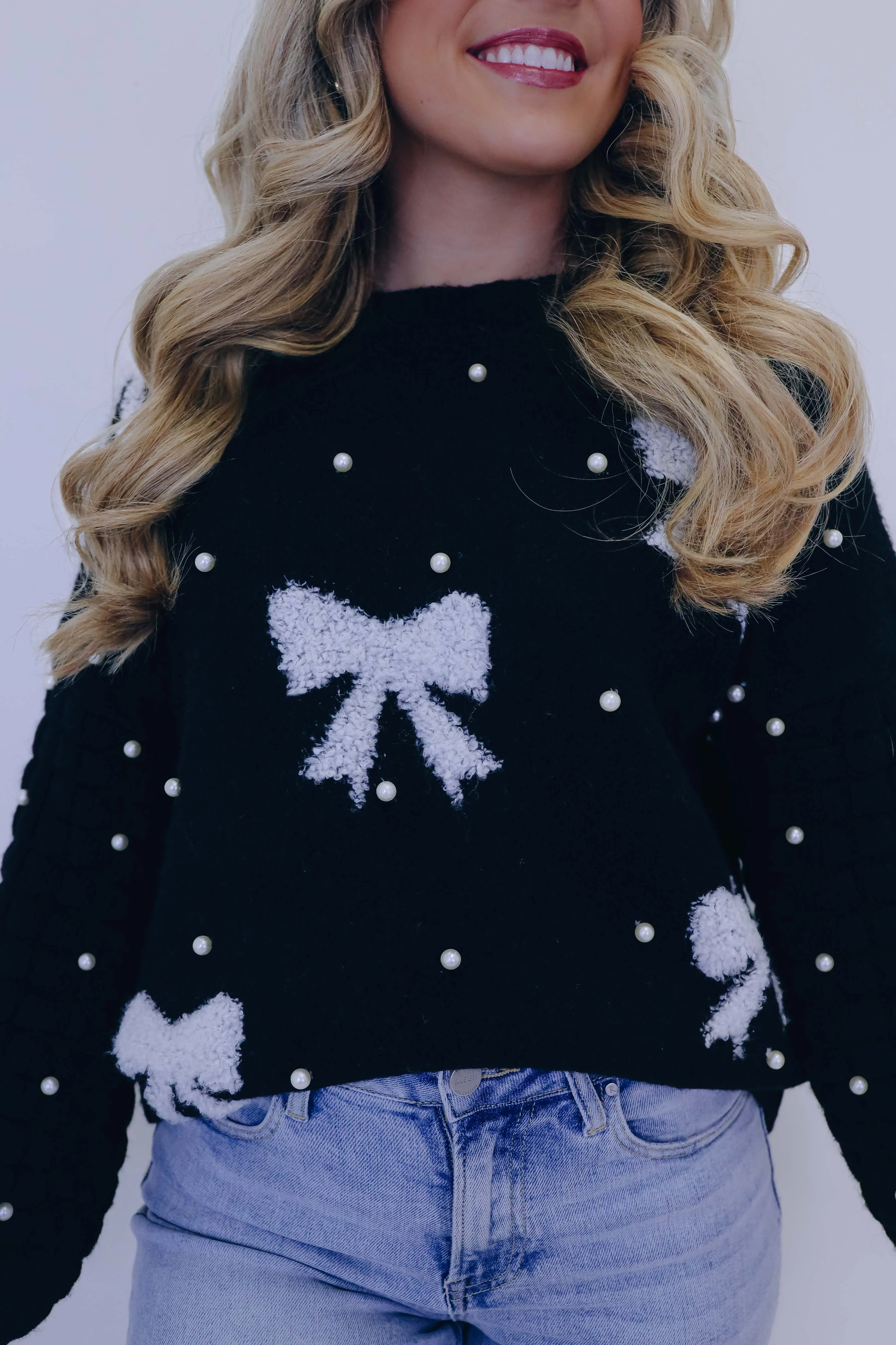 Pearl-Fect Accents Bow Knit Sweater- 3 Colors
