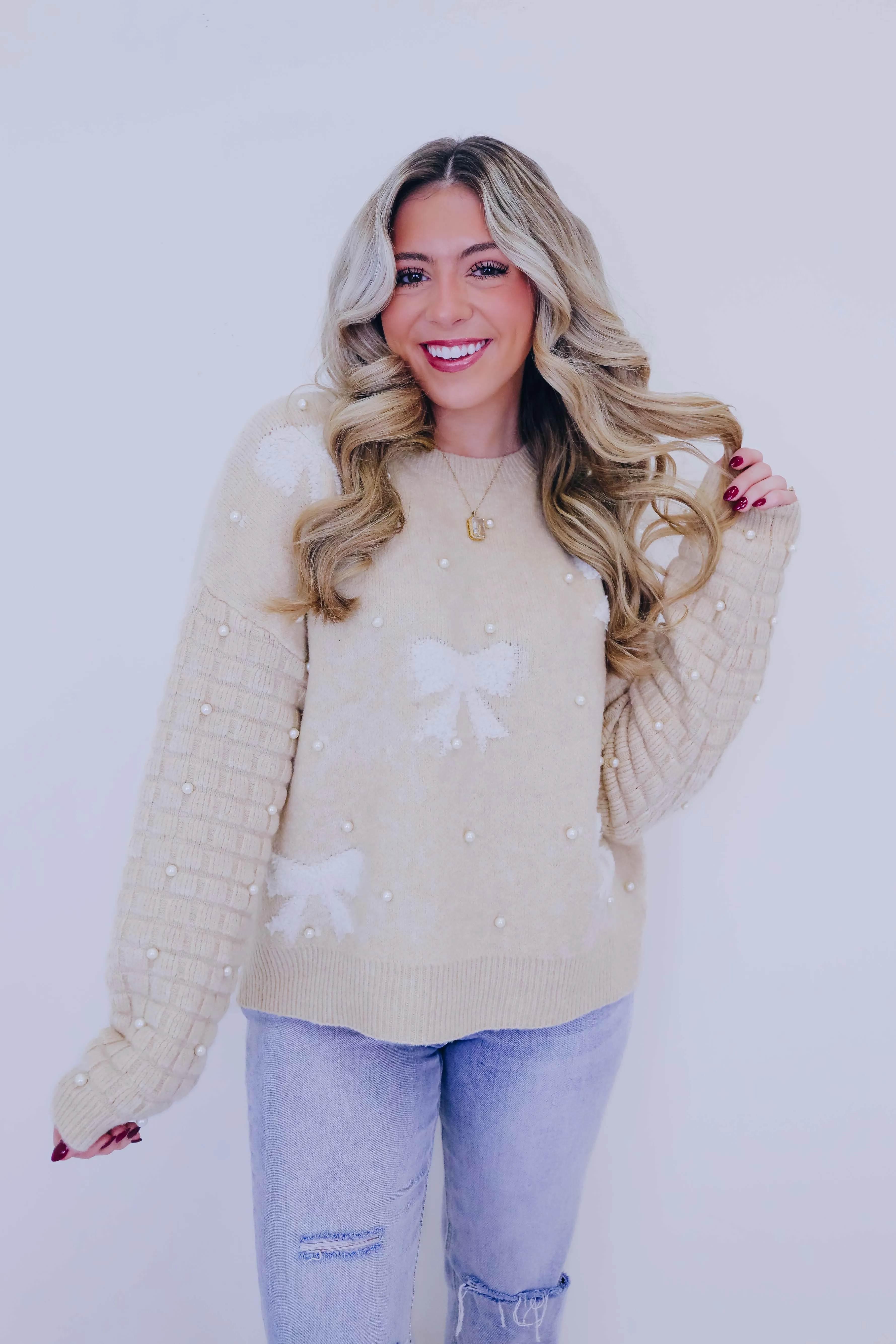 Pearl-Fect Accents Bow Knit Sweater- 3 Colors