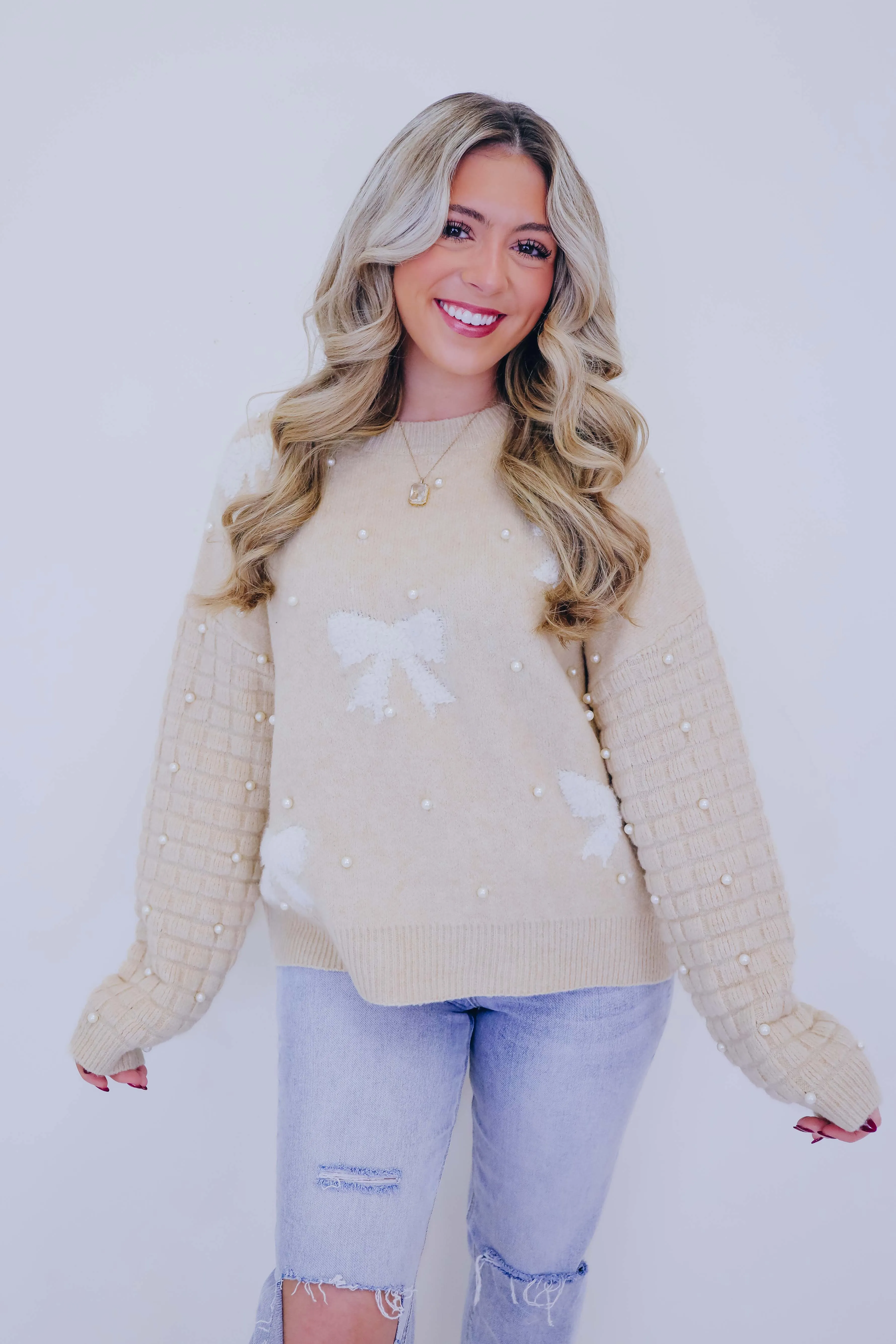 Pearl-Fect Accents Bow Knit Sweater- 3 Colors