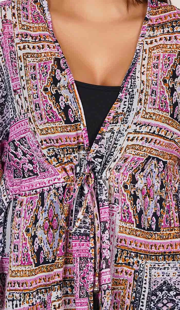 Pink Abstract Print Kaftan Style Swimsuit Cover Up Beach Dress
