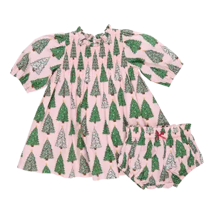 Pink Chicken Baby Girls Stevie Puff Sleeve Dress Set - Pink Trees