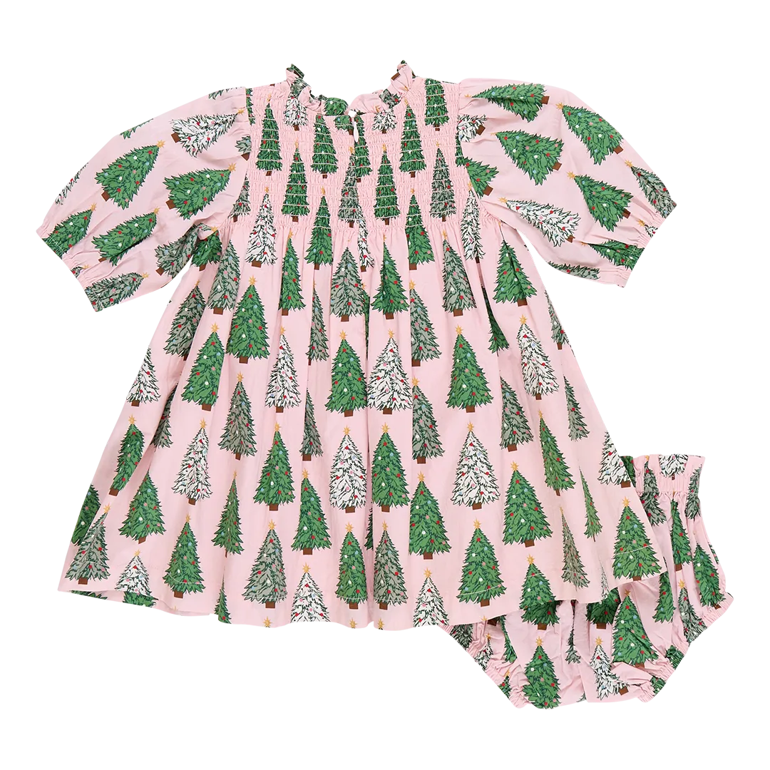 Pink Chicken Baby Girls Stevie Puff Sleeve Dress Set - Pink Trees