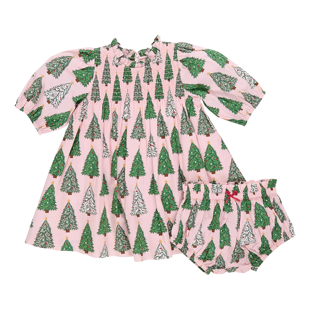 Pink Chicken Baby Girls Stevie Puff Sleeve Dress Set - Pink Trees