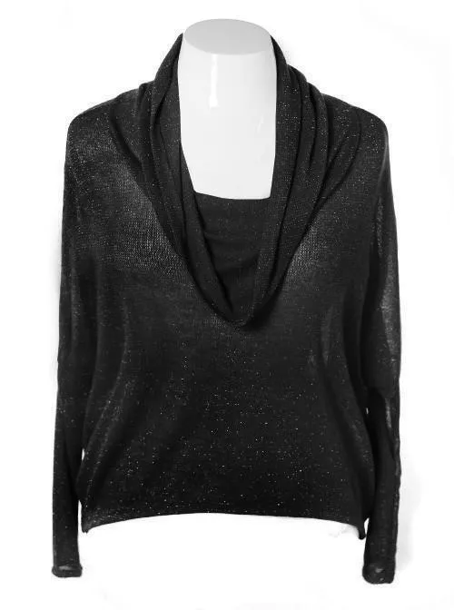 Plus Size Sparkling Cowl Neck Loose Black Top