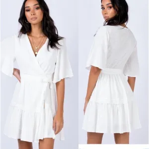 Princess Poly White Gauzy Flutter Sleeve Crochet Lace Tiered Ruffle Wrap Dress