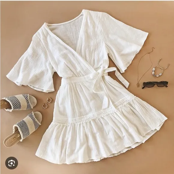 Princess Poly White Gauzy Flutter Sleeve Crochet Lace Tiered Ruffle Wrap Dress