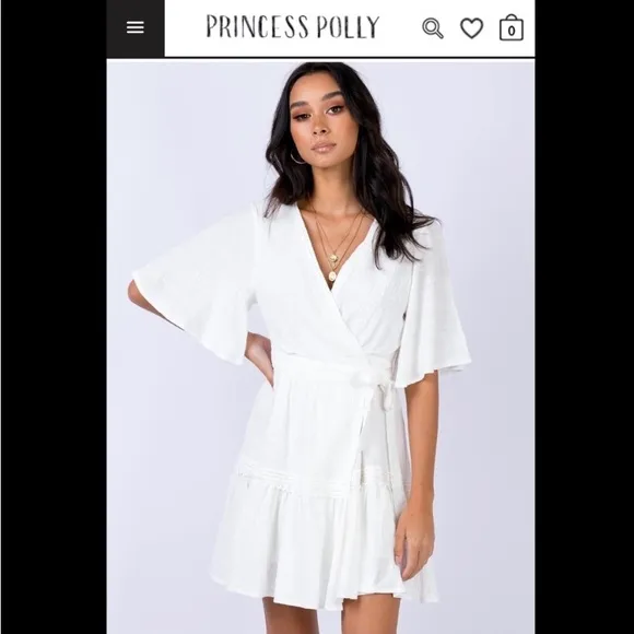 Princess Poly White Gauzy Flutter Sleeve Crochet Lace Tiered Ruffle Wrap Dress