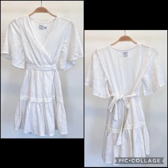 Princess Poly White Gauzy Flutter Sleeve Crochet Lace Tiered Ruffle Wrap Dress