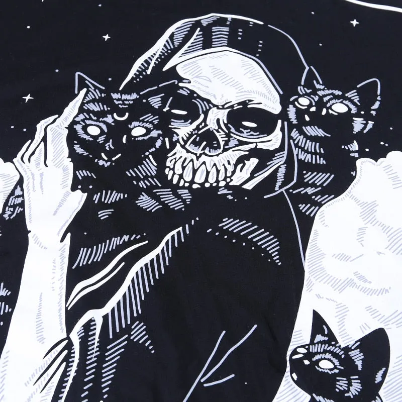 Punk Gothic Loose T-Shirt with Cat/Skull print