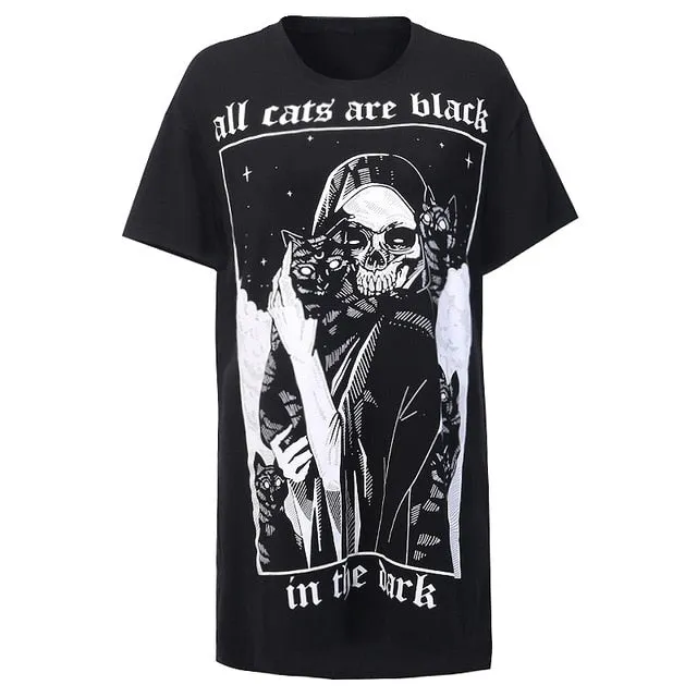 Punk Gothic Loose T-Shirt with Cat/Skull print
