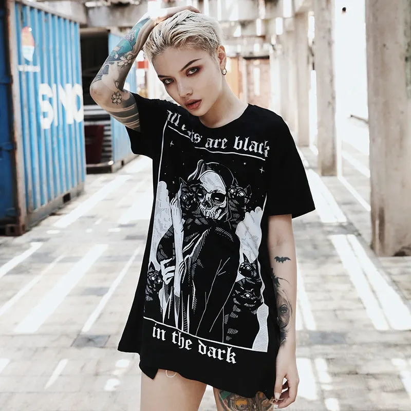 Punk Gothic Loose T-Shirt with Cat/Skull print