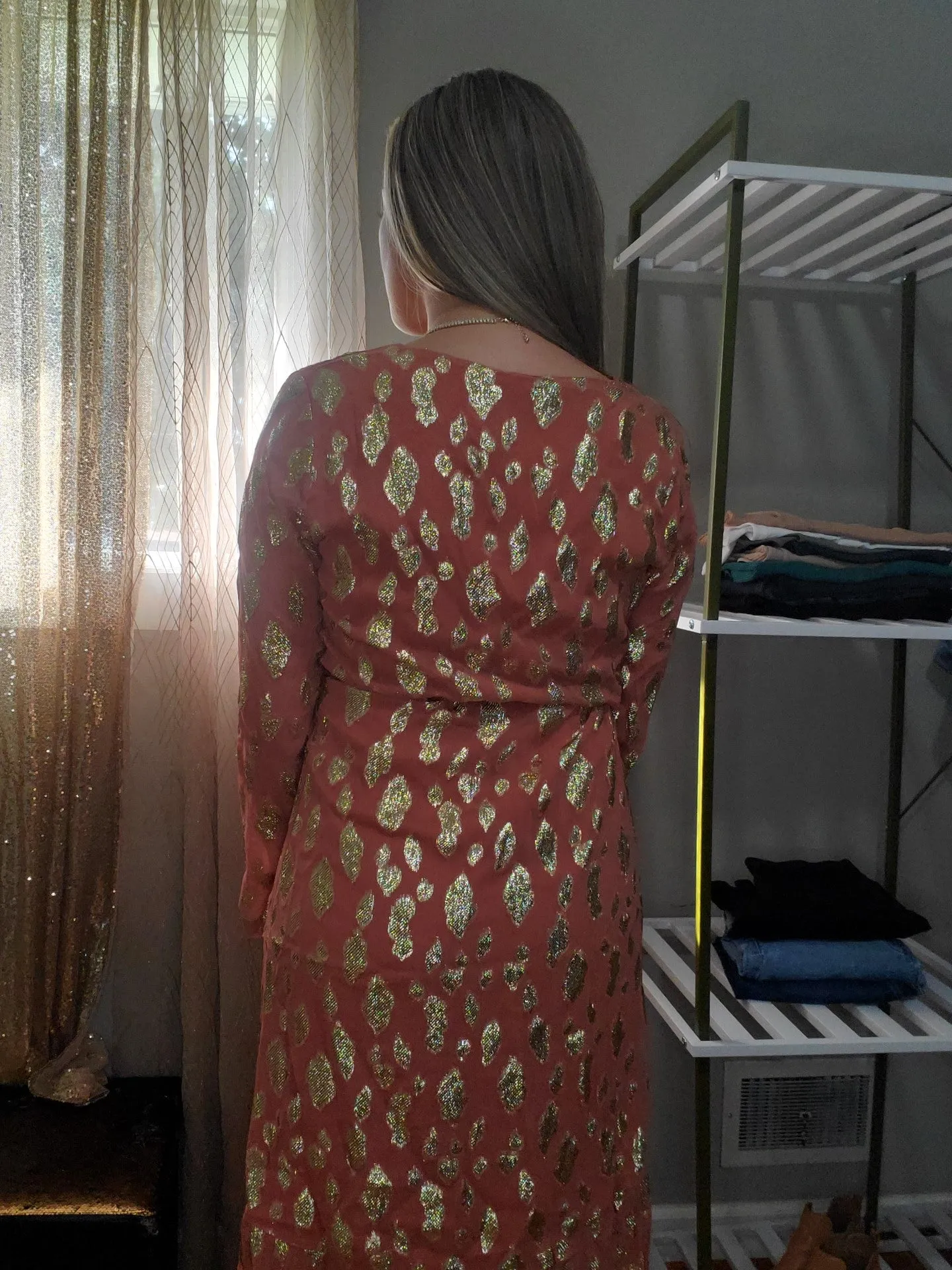 Radiant Sunset Metallic Accent Wrap Long Sleeve Midi Dress