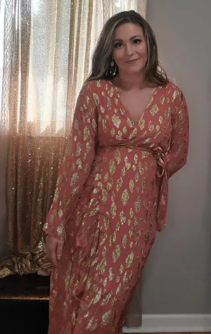 Radiant Sunset Metallic Accent Wrap Long Sleeve Midi Dress