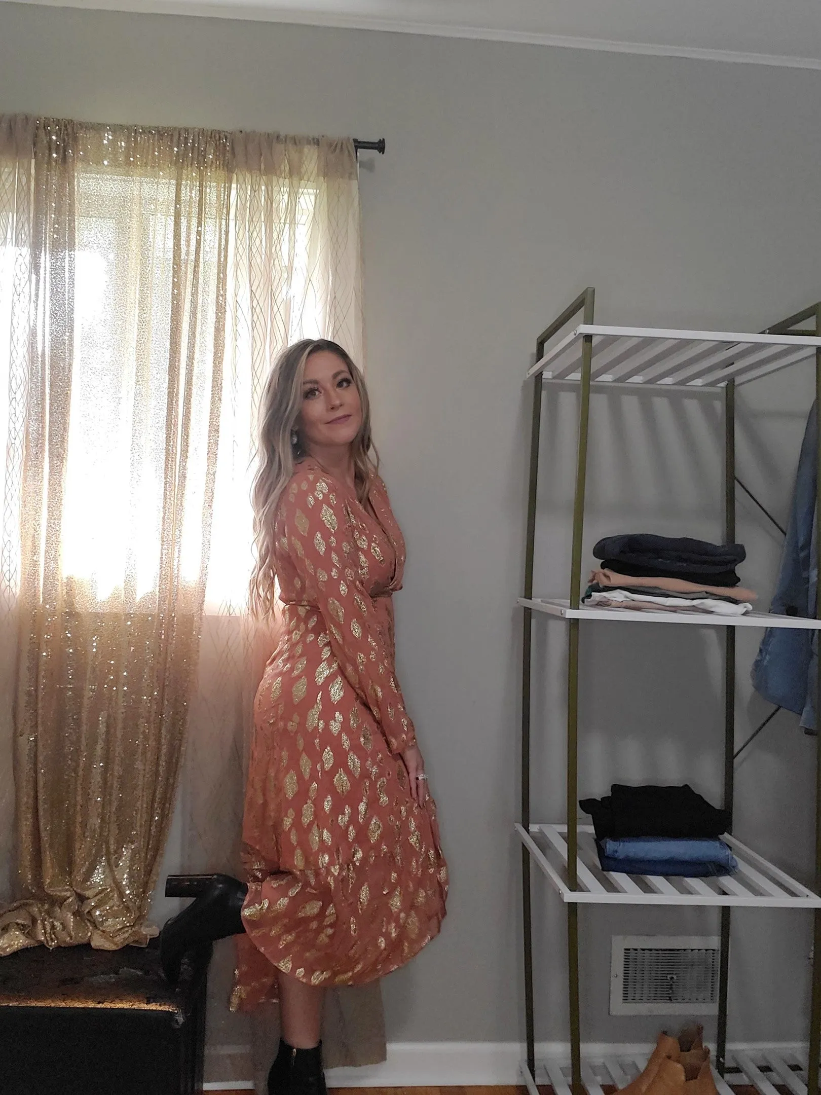 Radiant Sunset Metallic Accent Wrap Long Sleeve Midi Dress