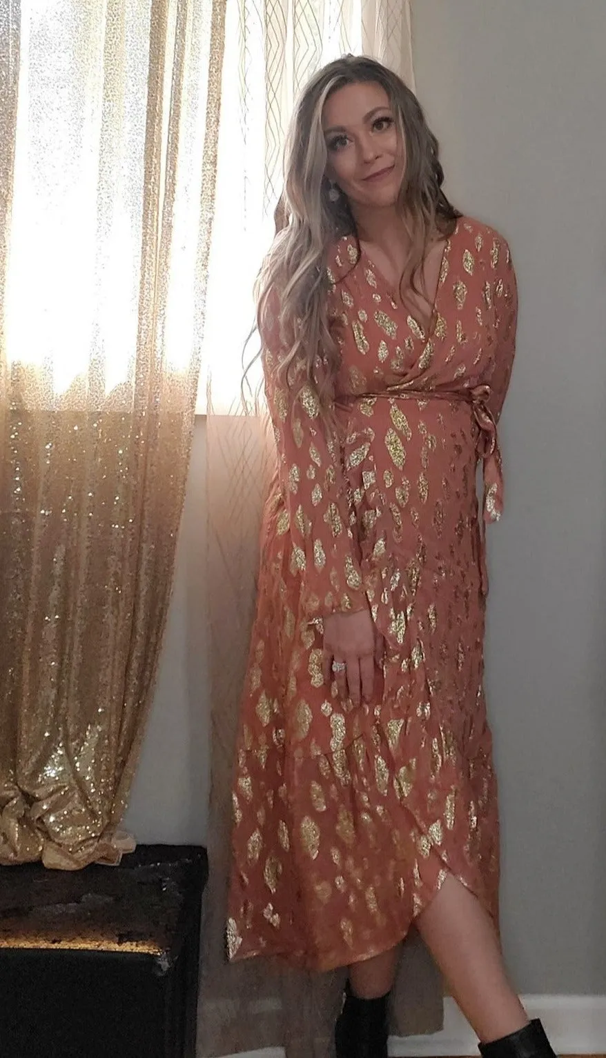 Radiant Sunset Metallic Accent Wrap Long Sleeve Midi Dress