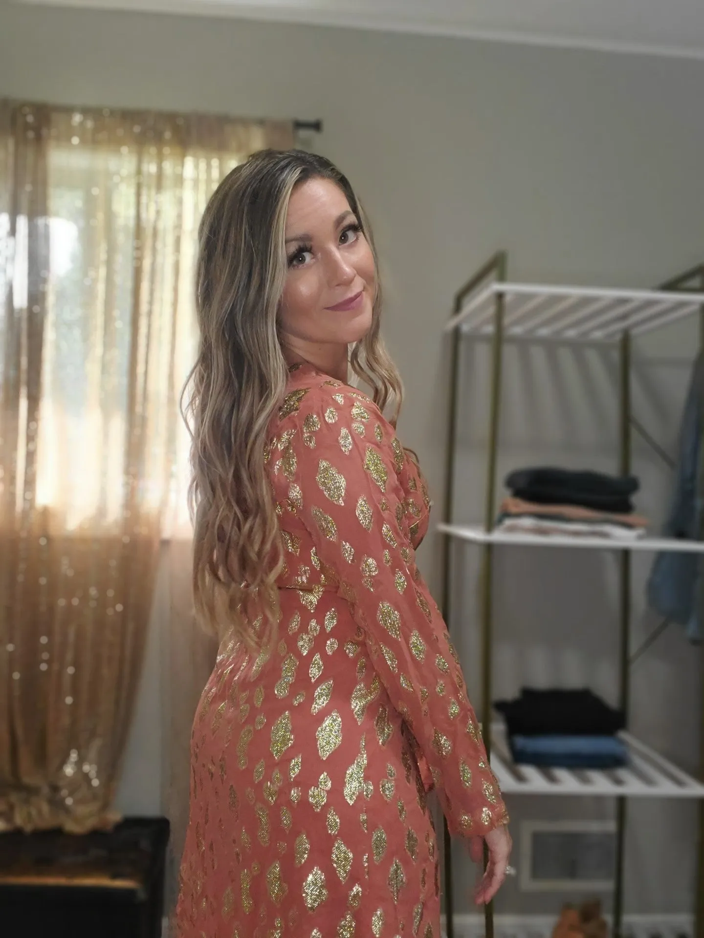 Radiant Sunset Metallic Accent Wrap Long Sleeve Midi Dress