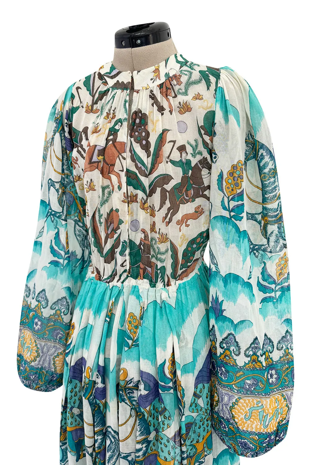 Rare 1971 Thea Porter Actual Book Piece Silk Cotton Gauze Dress w Sheila Hudson Horseman Print