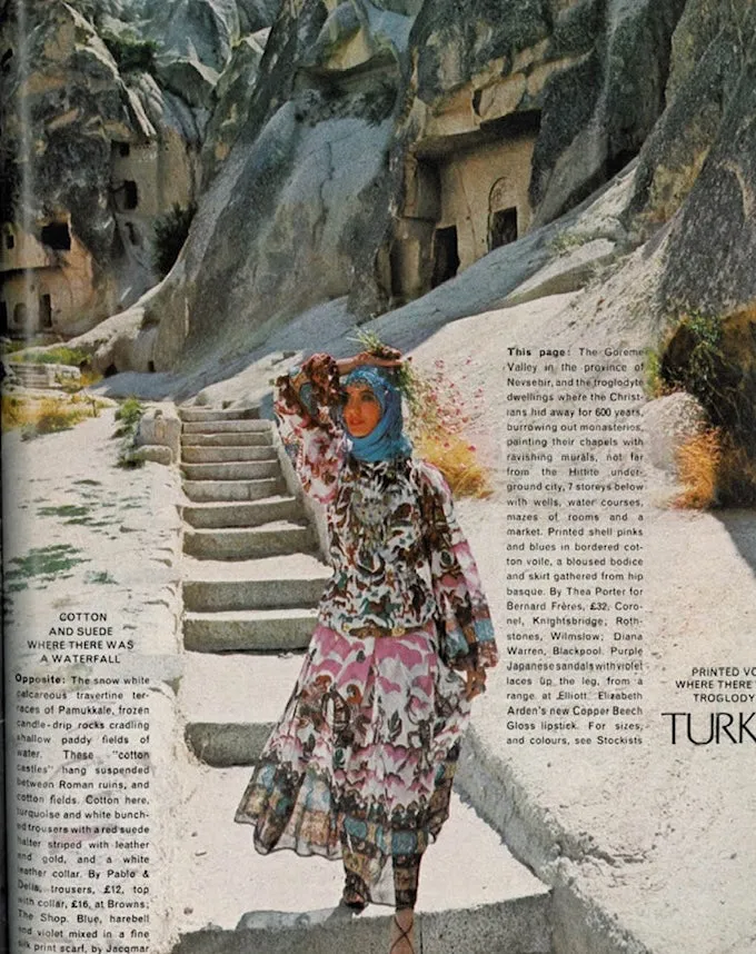 Rare 1971 Thea Porter Actual Book Piece Silk Cotton Gauze Dress w Sheila Hudson Horseman Print