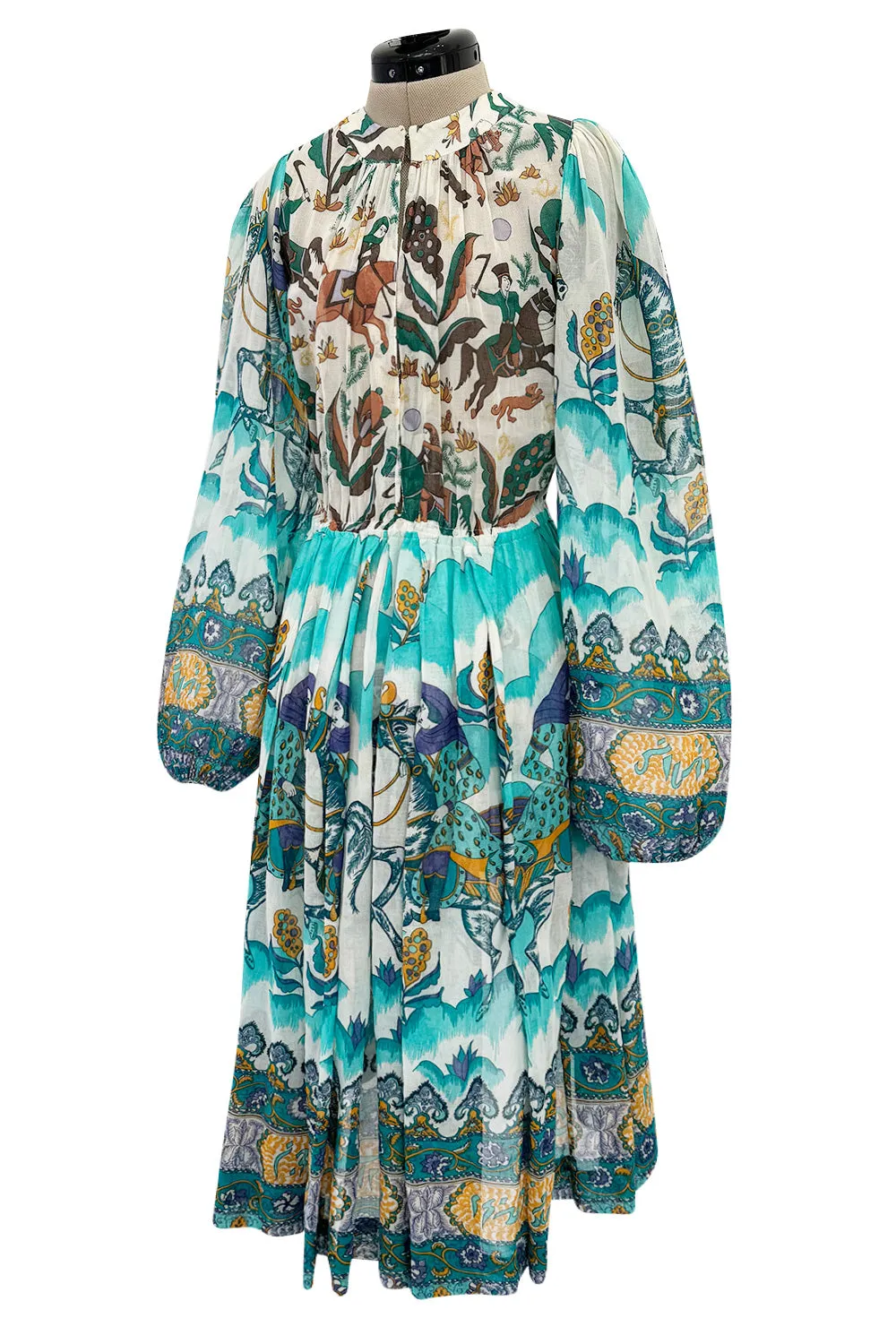 Rare 1971 Thea Porter Actual Book Piece Silk Cotton Gauze Dress w Sheila Hudson Horseman Print