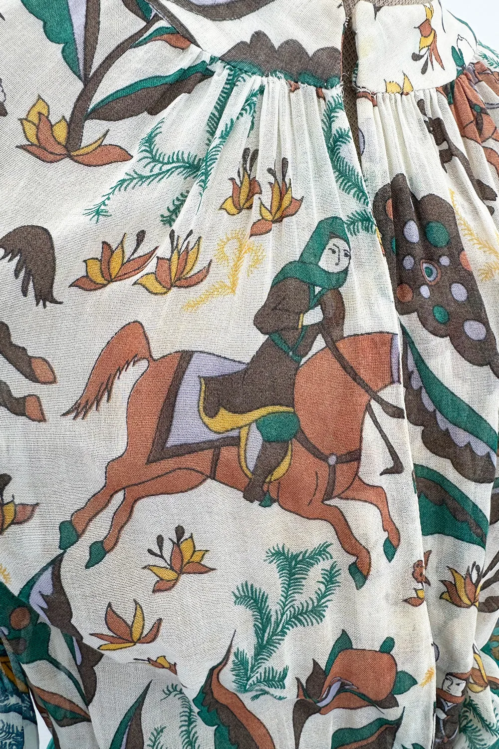 Rare 1971 Thea Porter Actual Book Piece Silk Cotton Gauze Dress w Sheila Hudson Horseman Print