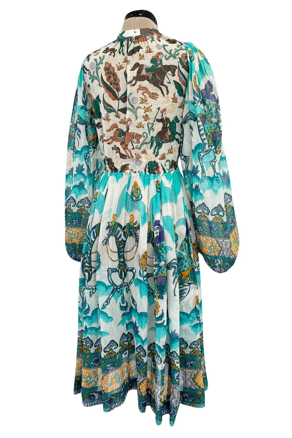 Rare 1971 Thea Porter Actual Book Piece Silk Cotton Gauze Dress w Sheila Hudson Horseman Print