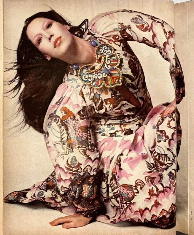 Rare 1971 Thea Porter Actual Book Piece Silk Cotton Gauze Dress w Sheila Hudson Horseman Print
