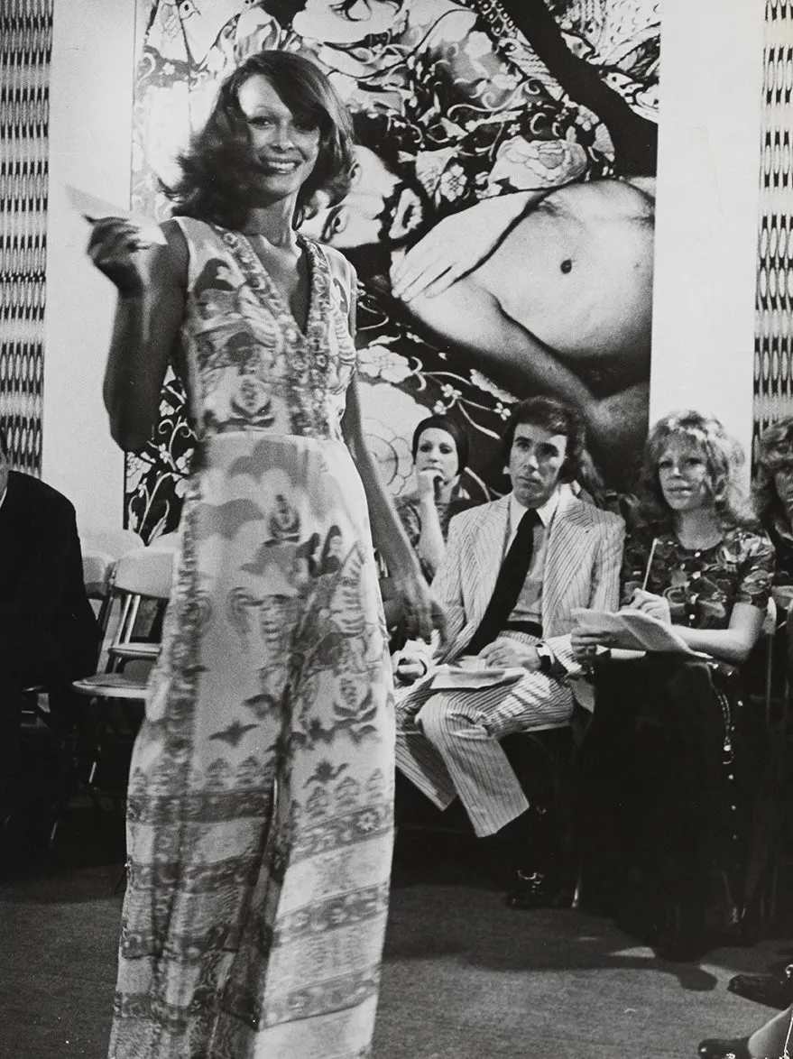 Rare 1971 Thea Porter Actual Book Piece Silk Cotton Gauze Dress w Sheila Hudson Horseman Print