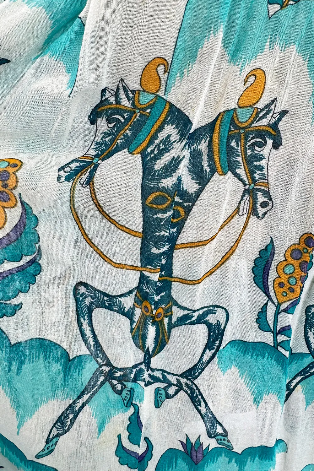 Rare 1971 Thea Porter Actual Book Piece Silk Cotton Gauze Dress w Sheila Hudson Horseman Print