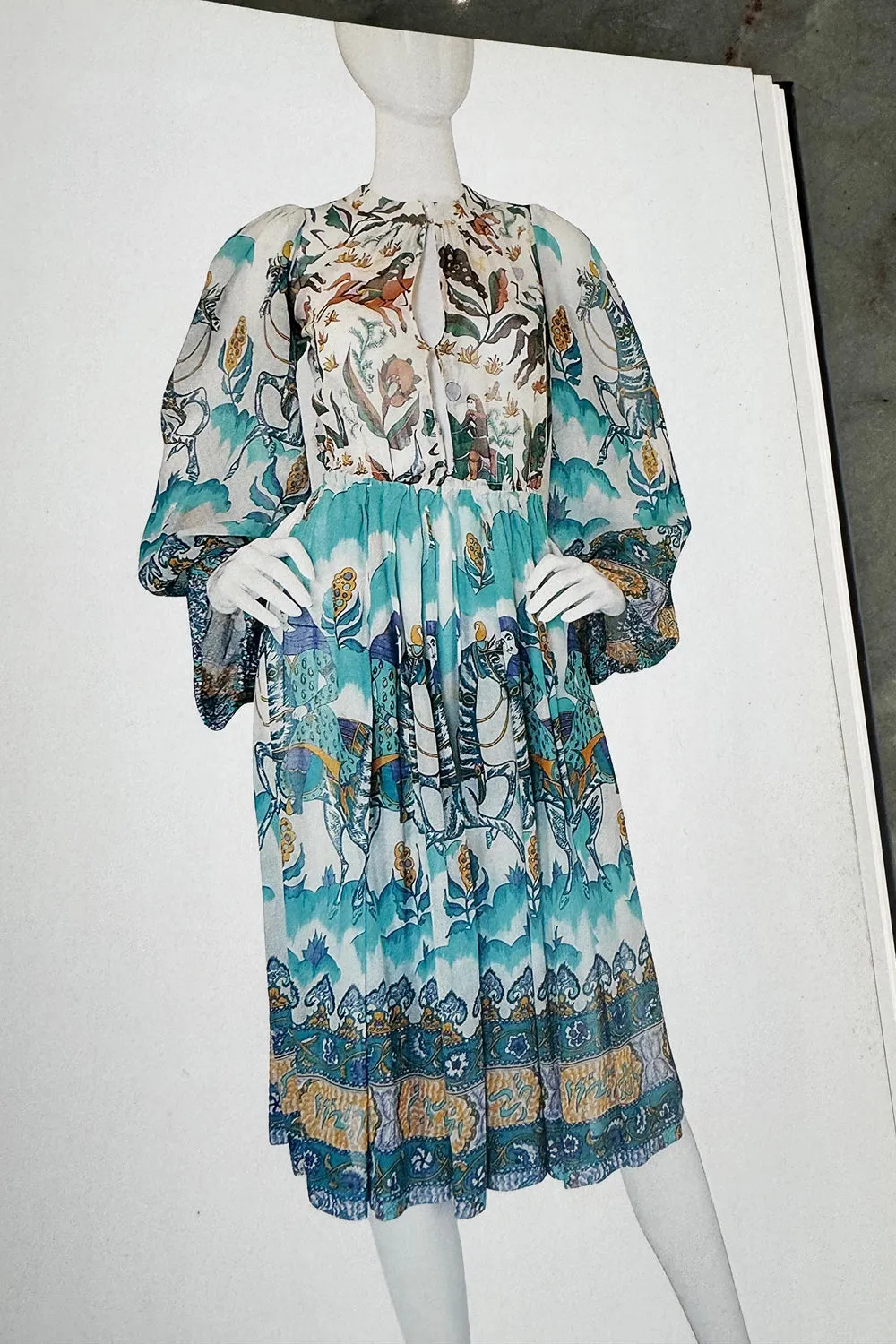 Rare 1971 Thea Porter Actual Book Piece Silk Cotton Gauze Dress w Sheila Hudson Horseman Print