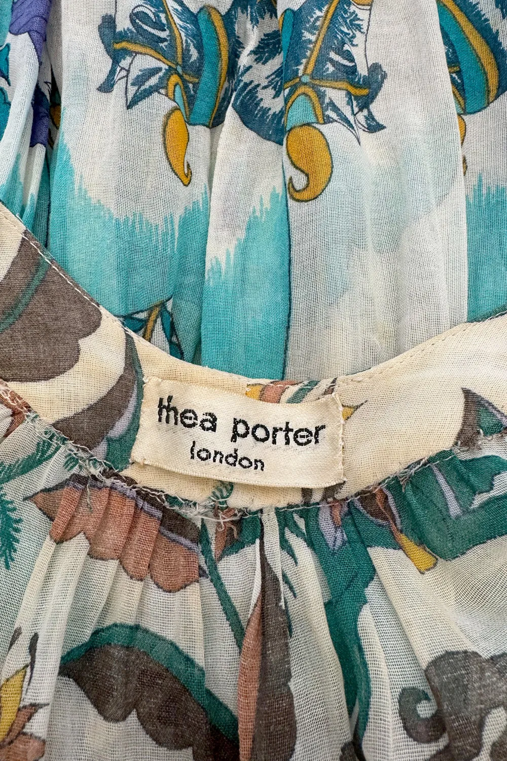 Rare 1971 Thea Porter Actual Book Piece Silk Cotton Gauze Dress w Sheila Hudson Horseman Print