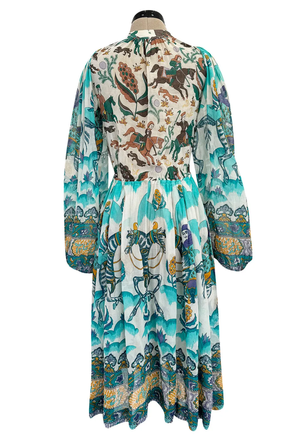 Rare 1971 Thea Porter Actual Book Piece Silk Cotton Gauze Dress w Sheila Hudson Horseman Print