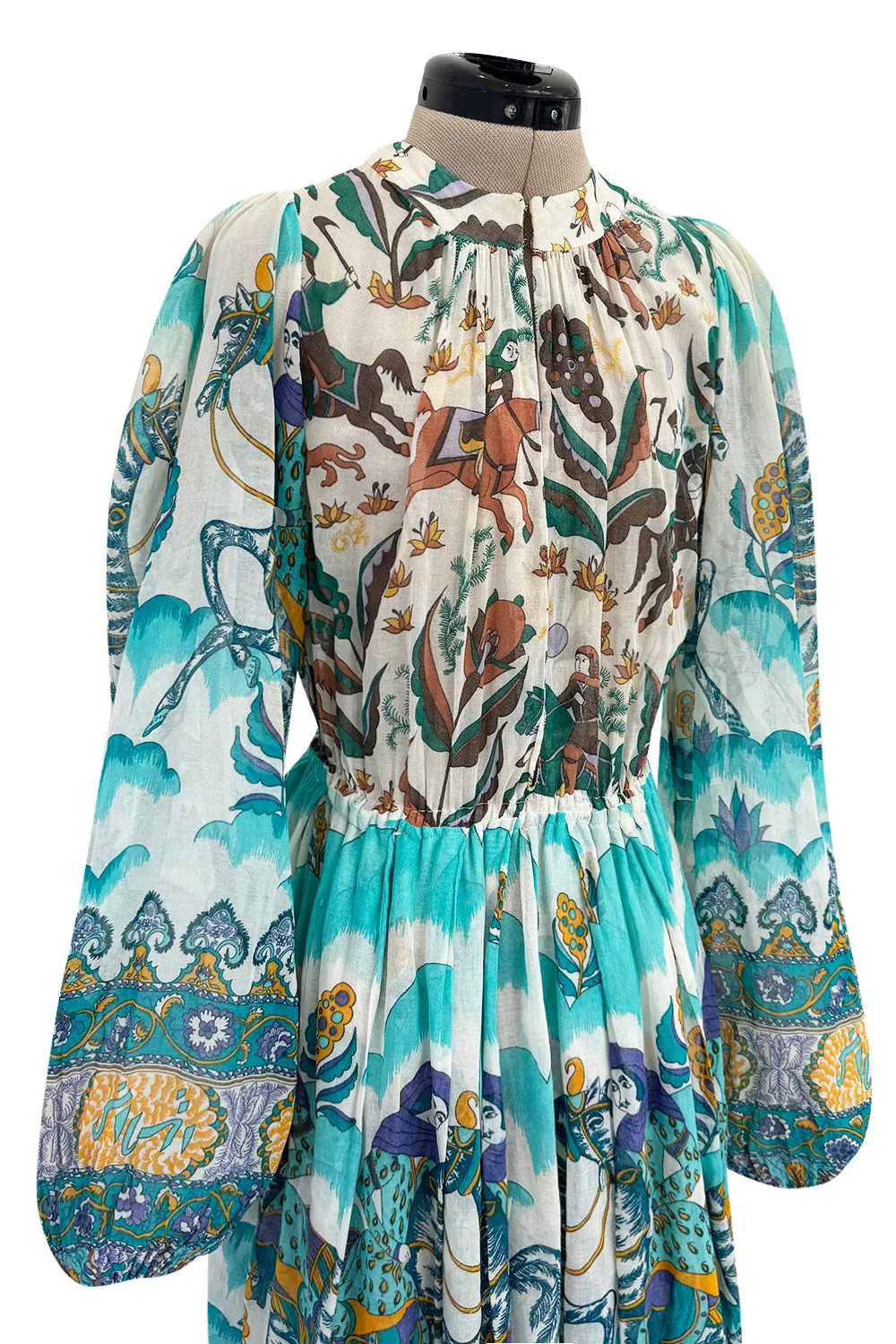 Rare 1971 Thea Porter Actual Book Piece Silk Cotton Gauze Dress w Sheila Hudson Horseman Print