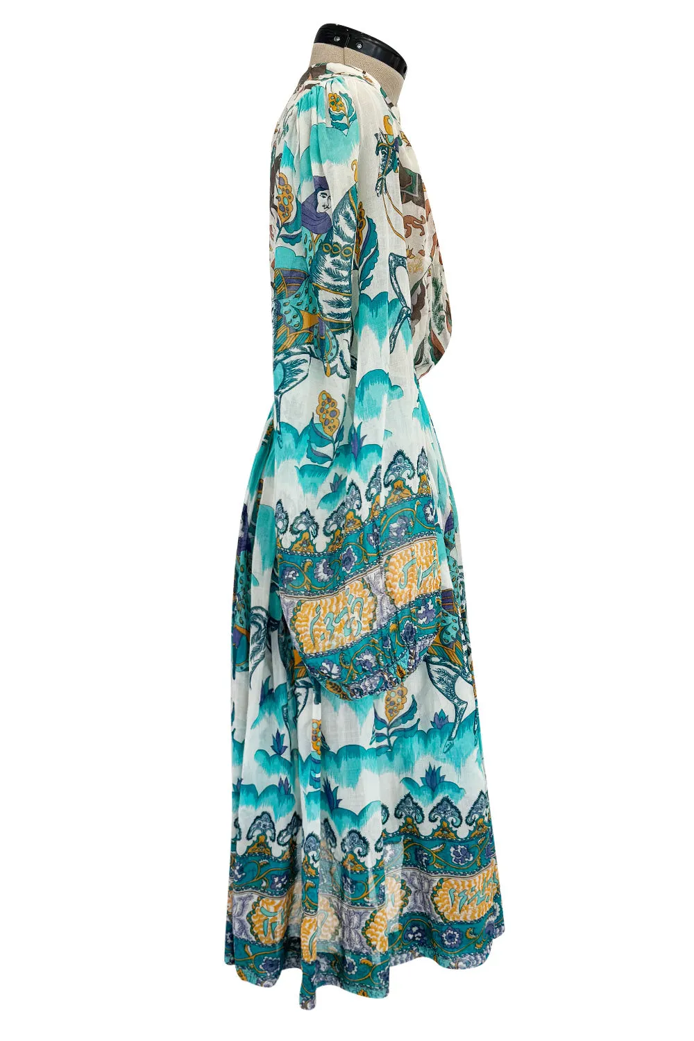 Rare 1971 Thea Porter Actual Book Piece Silk Cotton Gauze Dress w Sheila Hudson Horseman Print