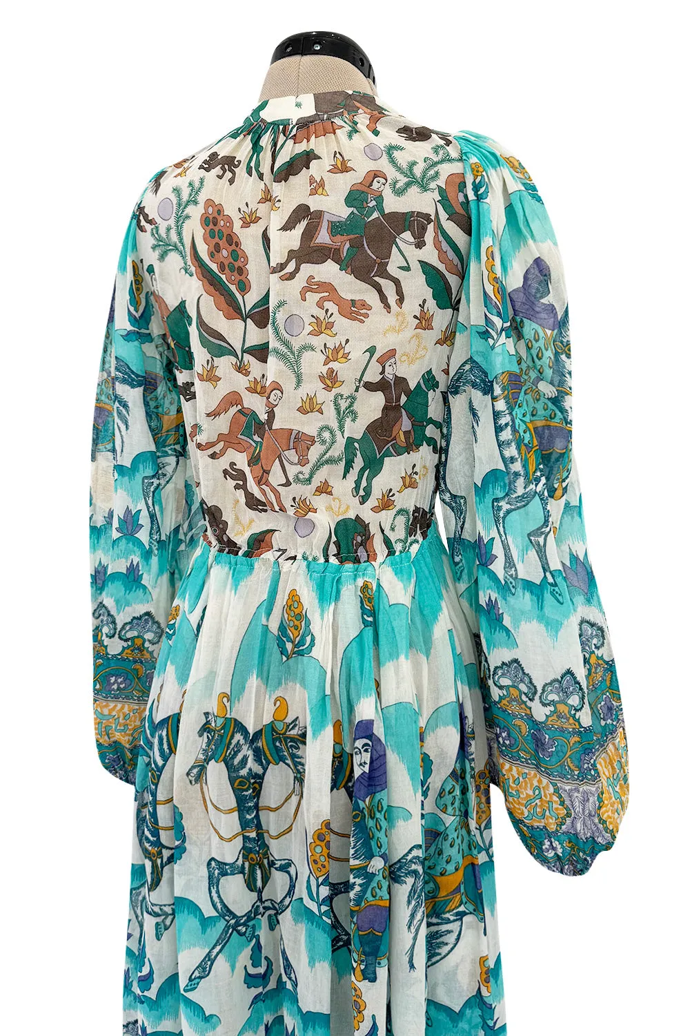 Rare 1971 Thea Porter Actual Book Piece Silk Cotton Gauze Dress w Sheila Hudson Horseman Print