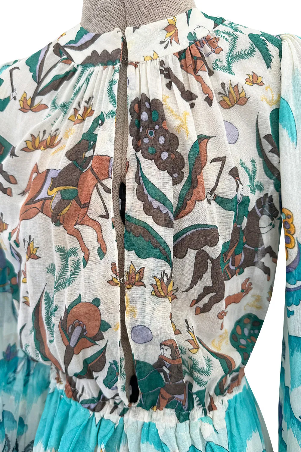 Rare 1971 Thea Porter Actual Book Piece Silk Cotton Gauze Dress w Sheila Hudson Horseman Print
