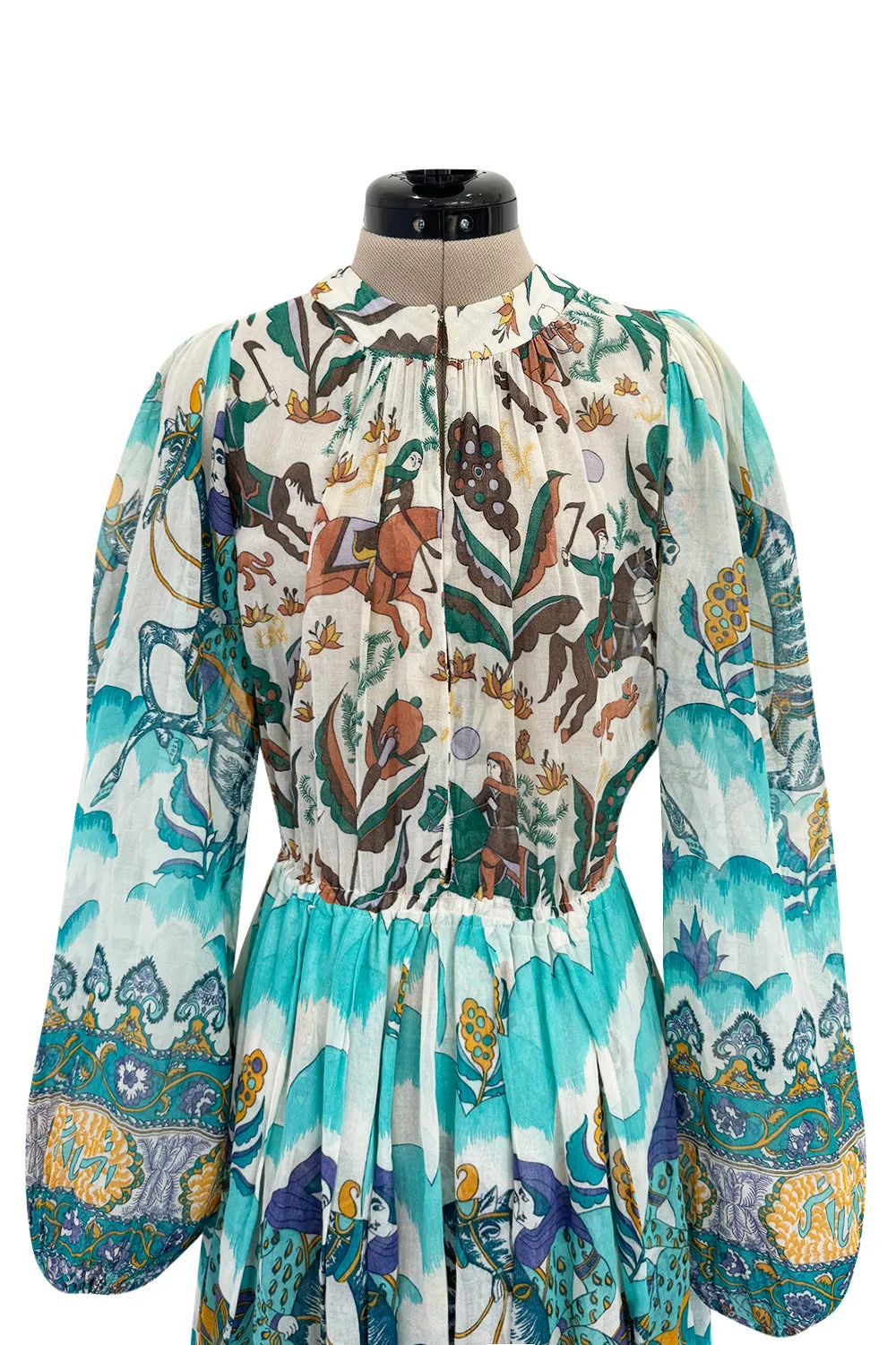 Rare 1971 Thea Porter Actual Book Piece Silk Cotton Gauze Dress w Sheila Hudson Horseman Print