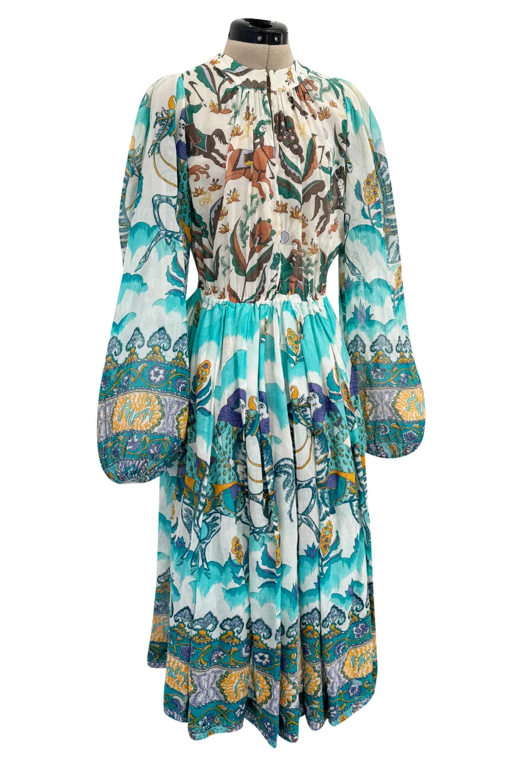 Rare 1971 Thea Porter Actual Book Piece Silk Cotton Gauze Dress w Sheila Hudson Horseman Print